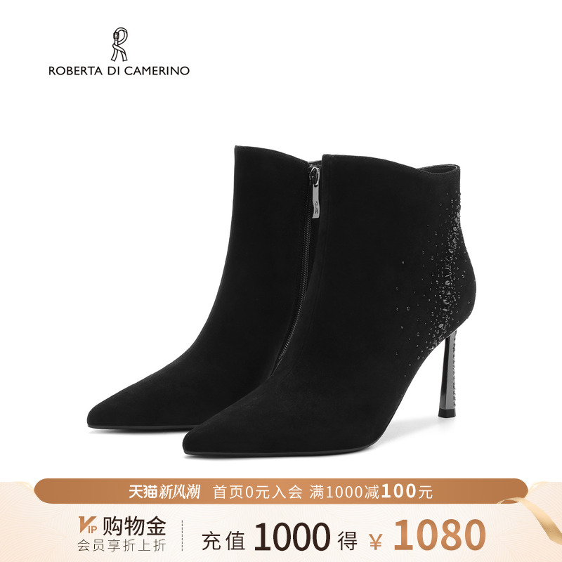 诺贝达尖头细高跟女靴冬季新款百搭显瘦时装靴显瘦短靴RA257610