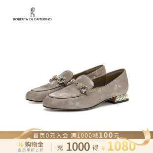 平底鞋 秋新水钻饰扣牛皮平跟通勤单鞋 RL247205 女鞋 诺贝达乐福鞋