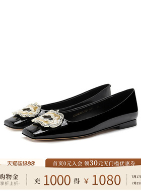 诺贝达女鞋春季锁型饰扣平跟通勤单鞋女浅口小方扣小皮鞋RS244305