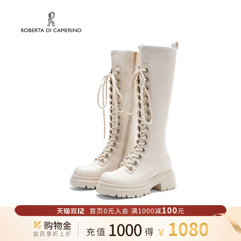 诺贝达马丁靴冬季新款气质百搭高筒骑士靴厚底系带长筒靴RA258210