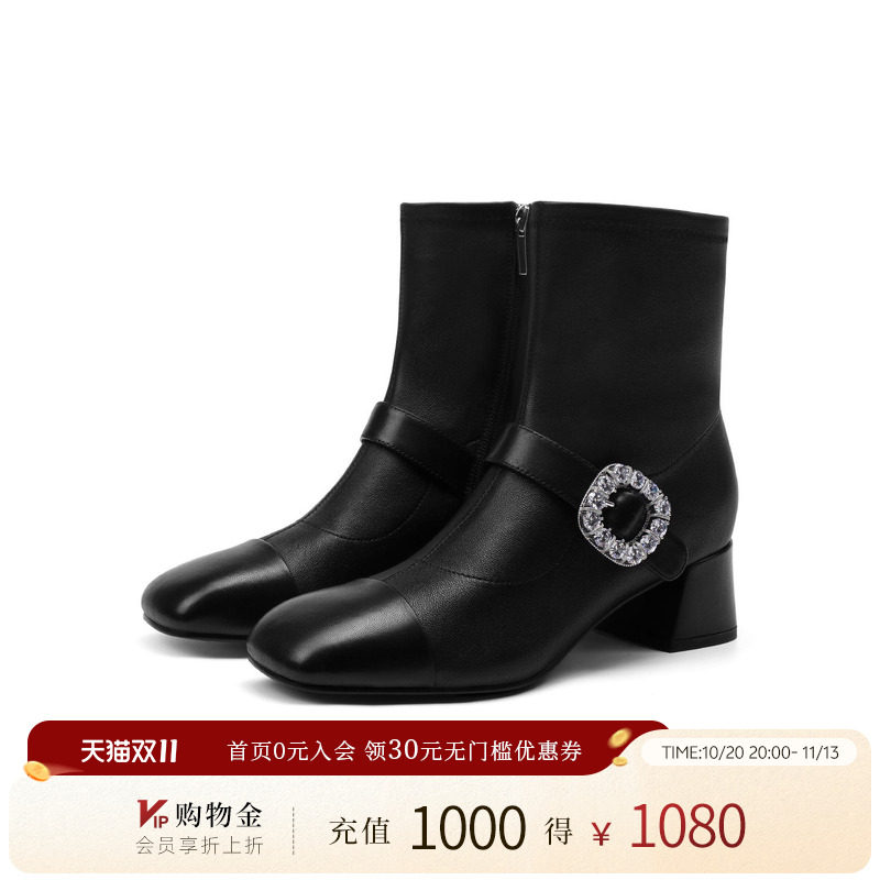 诺贝达2026新款时装靴方扣水钻气质百搭中筒靴冬季女靴RA267302
