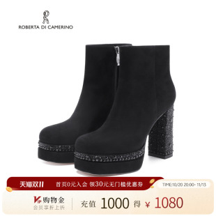 诺贝达粗跟时装靴冬季新款高跟女靴防水台中筒靴显瘦女靴RA254309