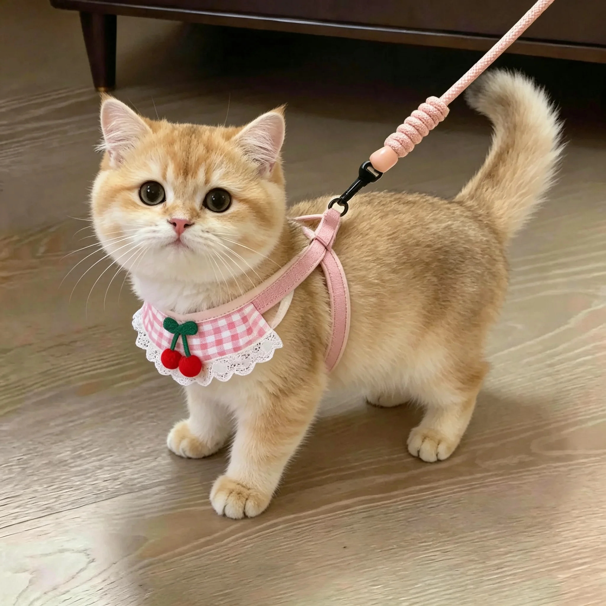 猫咪牵引绳外出防脱可调节可爱樱桃透气胸背宠物小型犬遛狗绳猫绳图片