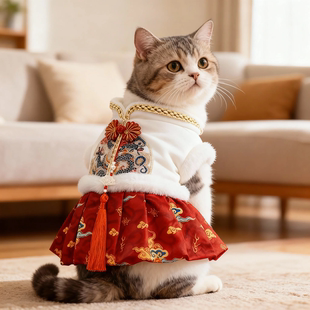 中国风猫咪衣服中式唐装秋冬季布偶蓝白保暖小型犬宠物狗狗马面裙