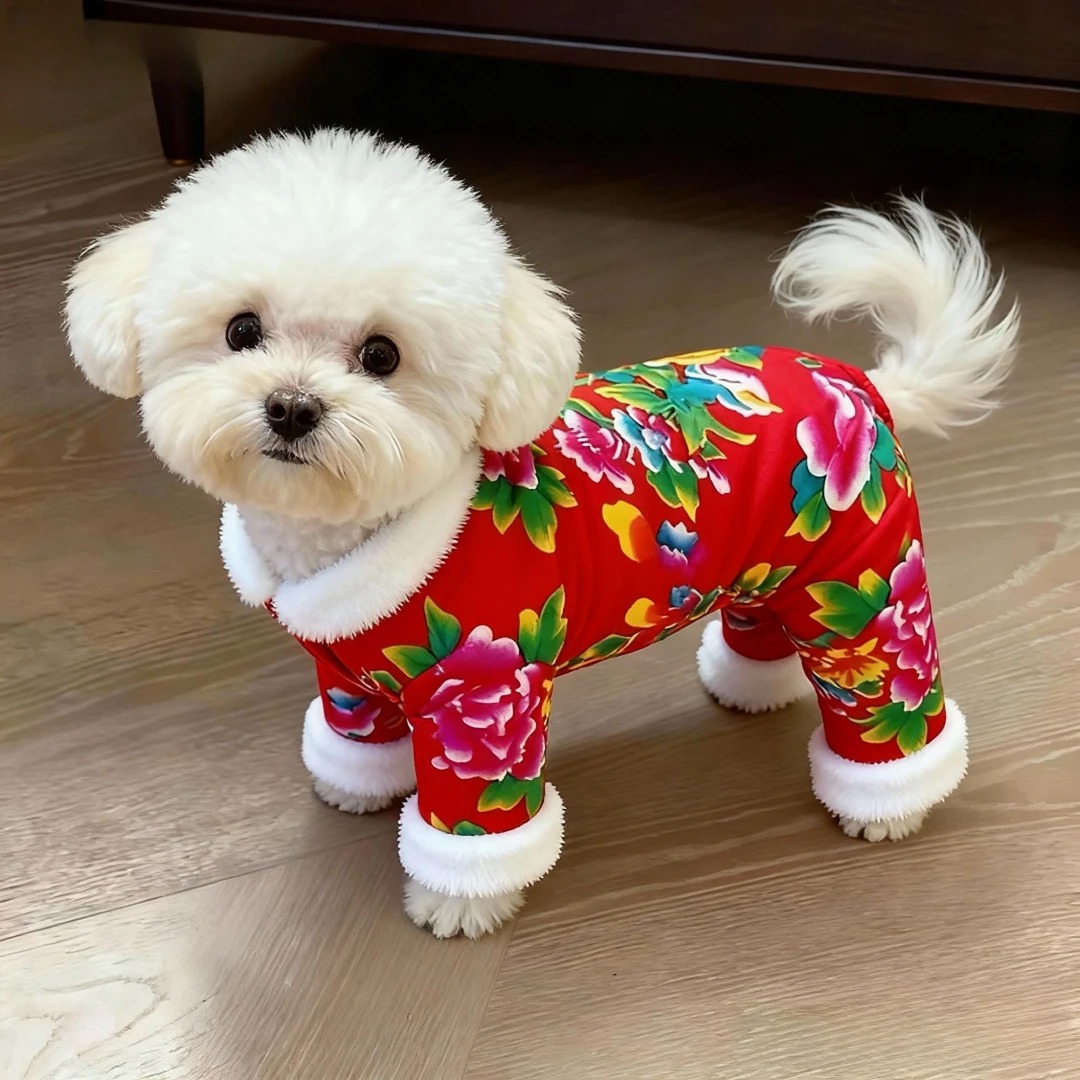 宠物东北大花棉袄狗狗衣服秋冬款新年唐装泰迪比熊猫咪保暖四脚衣