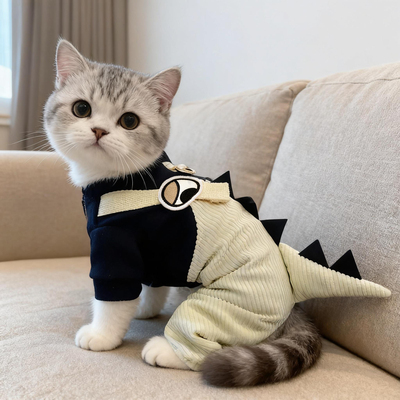 猫咪秋冬季可牵引四脚背带裤英短布偶蓝幼猫宠物狗狗帅气恐龙衣服