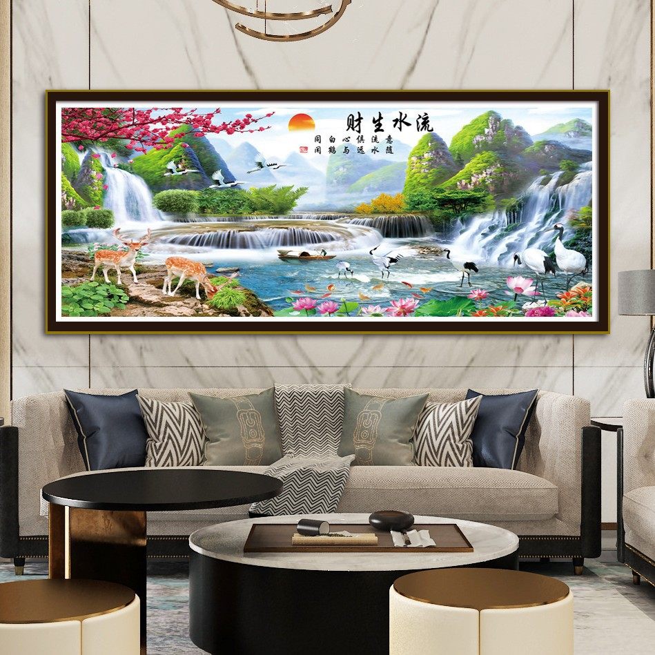 山水画流水生财十字绣发财鹿仙鹤聚宝盆风景画客厅大幅印花手工绣,居家布艺,十字绣套件,淘宝优惠券,粉丝福利购,淘宝优惠卷