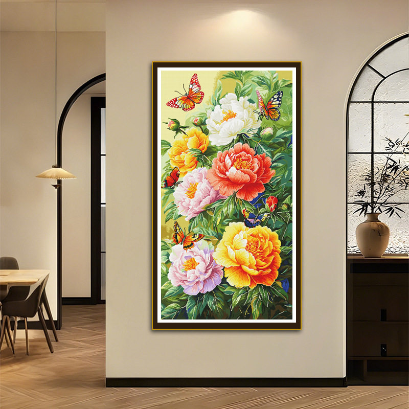 新款牡丹花十字绣繁花似锦客厅竖款玄关装饰挂画线绣印花刺绣手工,居家布艺,十字绣套件,淘宝优惠券,粉丝福利购,淘宝优惠卷