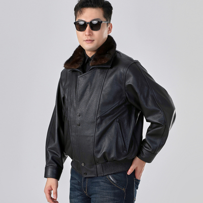 牛皮皮衣男貂内胆立领