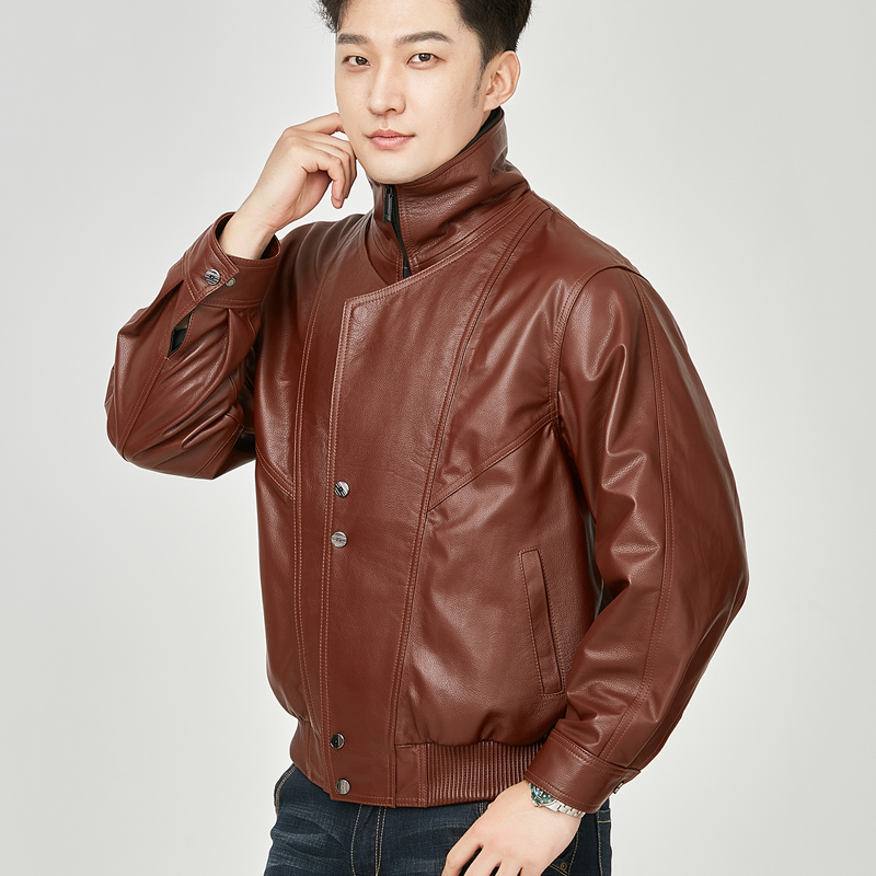 头层牛皮皮衣立领飞行夹克