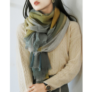 轻薄款 黄绿条纹蓬松微皱肌理感轻柔拼格纯羊毛围巾披肩女