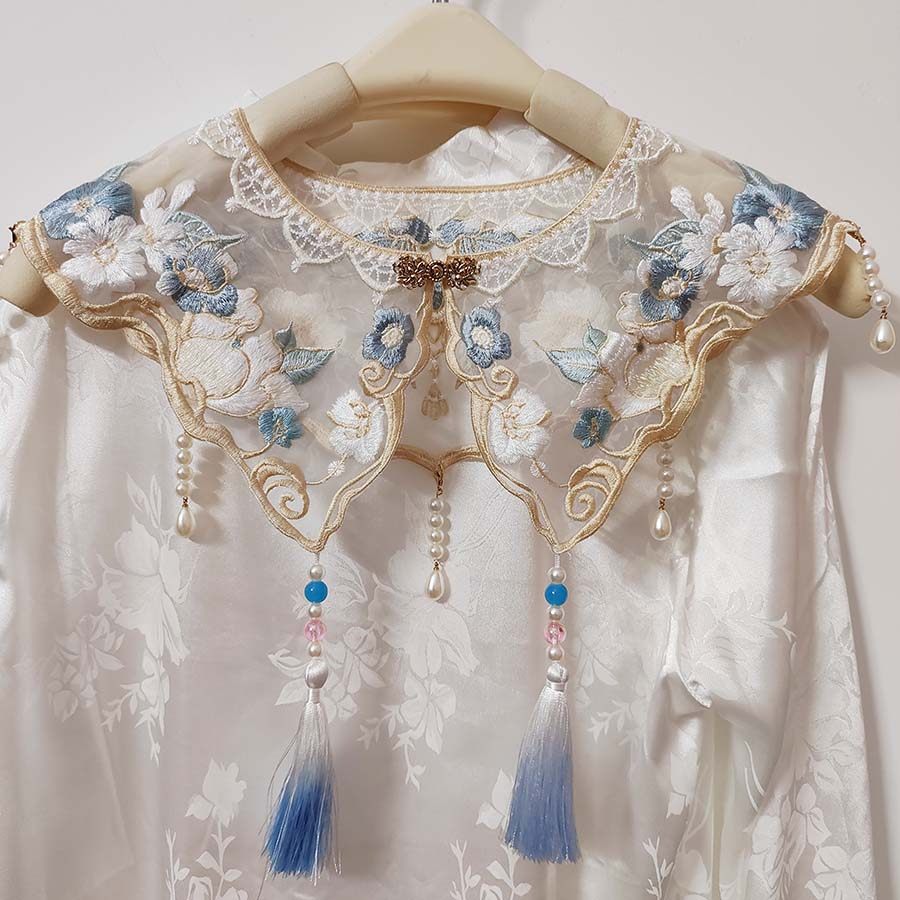 云肩学士服毕业披肩马面裙假领子配饰汉服刺绣新中式古风蓝色流苏