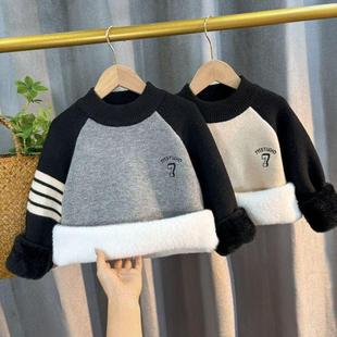 男童一体绒毛衣2025休闲男孩加绒加厚打底衫中大童套头针织衫上衣