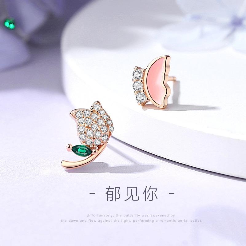s925纯银带证书新中式郁金香蝴蝶耳钉女国风耳饰简约高级感彩色