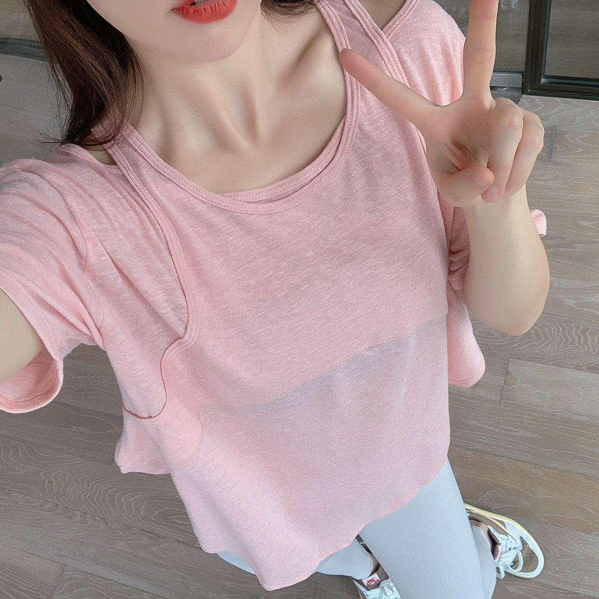 夏季瑜伽网红普拉提健身训练上衣女宽松显瘦设计感露肩速干T恤衫