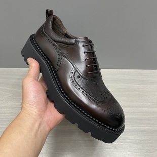 商场撤柜 鸵鸟皮+牛皮经典款XL轻底系带商务休闲皮鞋男厚底雕花鞋