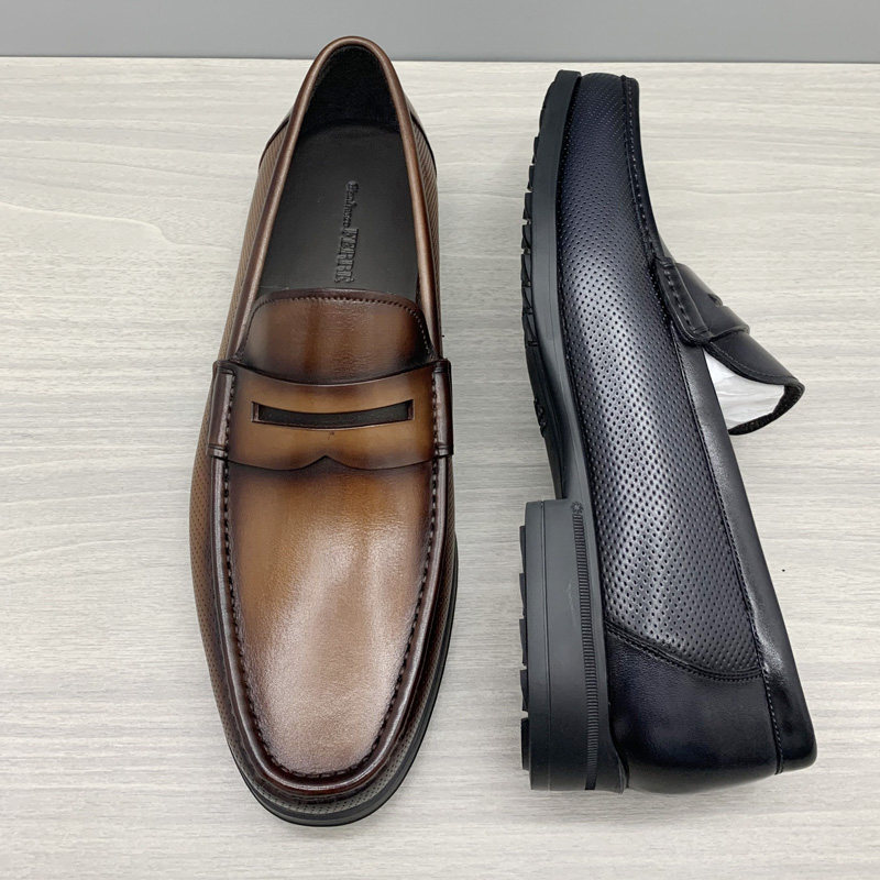 商场撤柜夏季镂空冲孔透气牛皮套脚商务正装皮鞋男XL超轻底乐福鞋