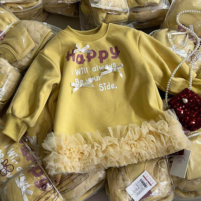 韩版童装女童连衣裙2024秋冬季新款小女孩网纱拼接加绒卫衣裙子