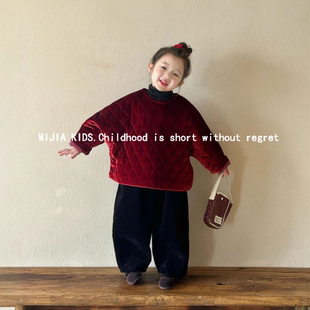 新中式童装女童红色丝绒棉服2024秋冬季新款女宝宝夹棉保暖外套