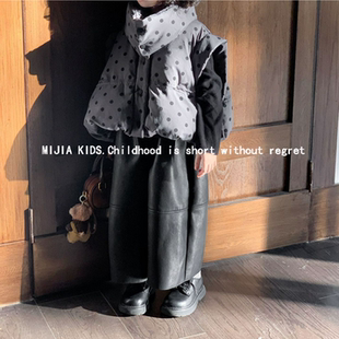 韩版童装女童皮裤2025秋冬新款儿童软皮九分裤加绒阔腿裤pu裤子