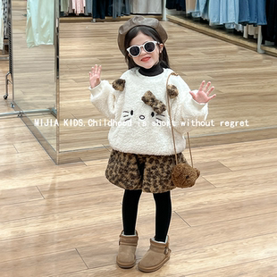 韩版童装女童猫咪加厚毛毛卫衣秋冬款加绒豹纹短裤花边打底衫套装