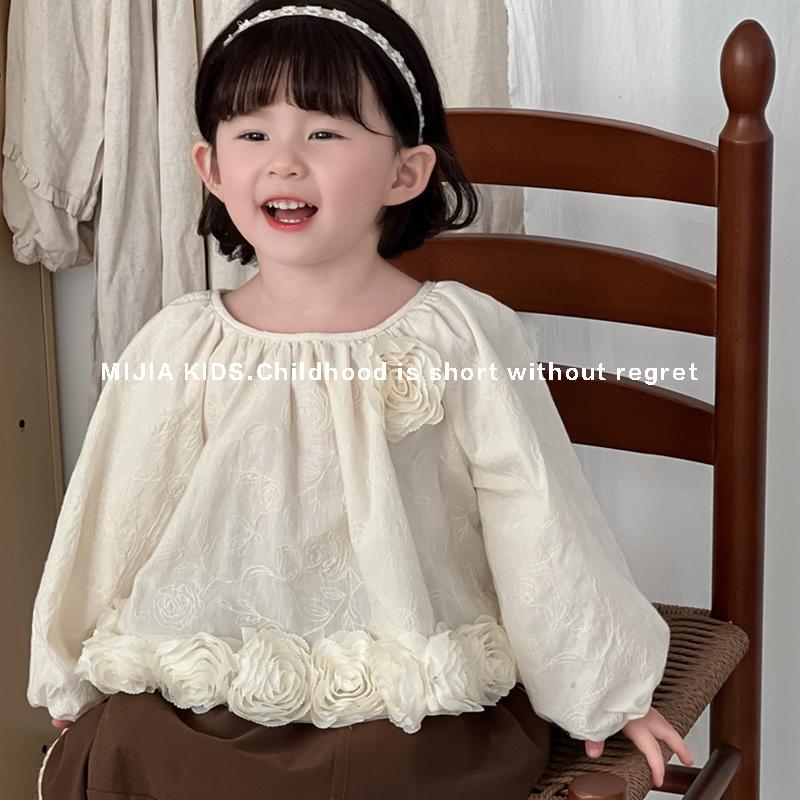 女童花苞上衣喇叭裤套装2025春季女宝宝泡泡袖衬衫花边裤子两件套