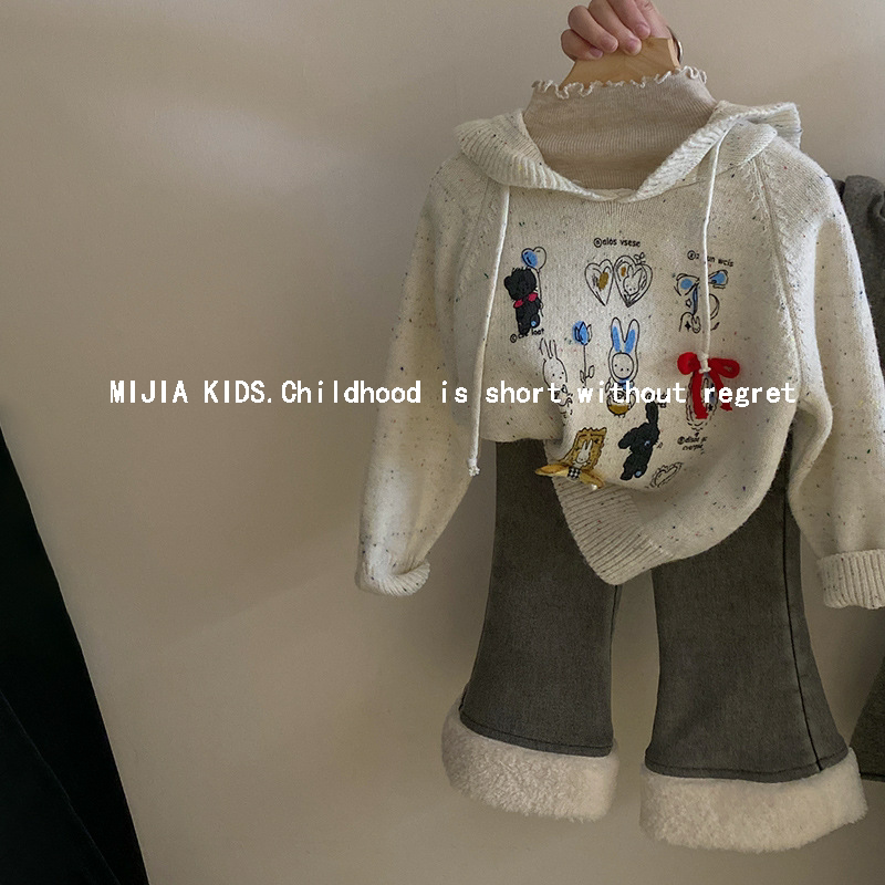 韩版女童卡通连帽针织毛衣秋冬新款儿童花边打底衫加绒牛仔裤套装