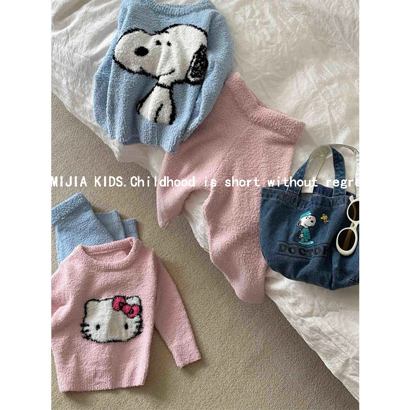 儿童半边绒睡衣套装2024秋冬季