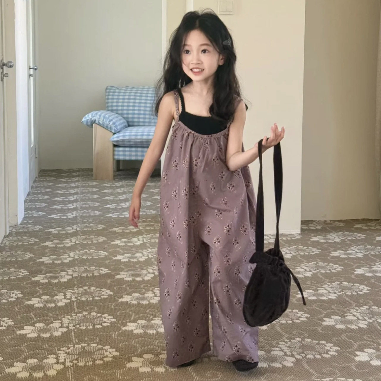 韩版童装春夏新款复古碎花吊带背带裤女童宽松阔腿长裤休闲慵懒风