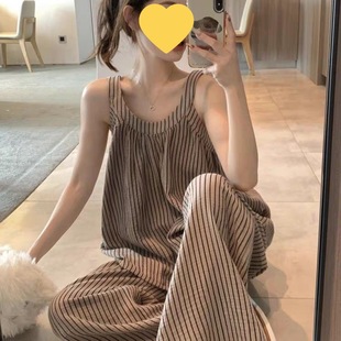 真丝睡袍女夏夏季 长裤 韩版 气质简约休闲条纹云朵棉家居服两件套装