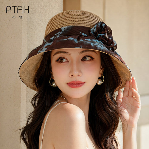 布塔花朵装饰草编遮阳帽女夏季防晒宽檐帽户外百搭太阳PT2187