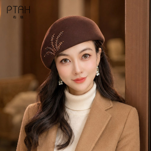 布塔羊毛刺绣贝雷帽女秋冬复古