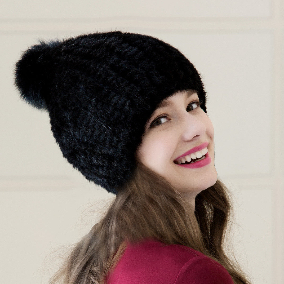 布塔貂毛帽女士冬季纯色毛球加厚防风防寒韩版学生护耳帽子水貂毛