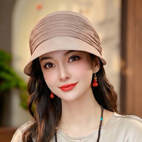 布塔桑蚕丝鸭舌帽女褶皱防晒遮阳帽夏季洋气真丝帽子透气PT7002