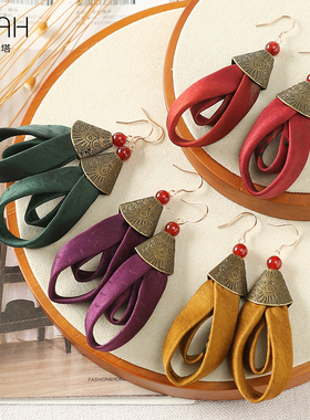 【吉祥扣耳饰】布塔香云纱桑蚕丝饰品百搭女士气质个性小众名族风