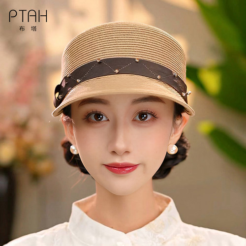 布塔马术帽法式草编女夏遮阳帽优雅防晒度假帽子亮钻骑士帽PT1532