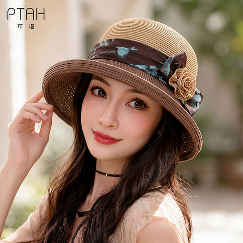 布塔法式草帽女夏季花朵遮阳帽防晒沙滩帽度假百搭出游PT1534