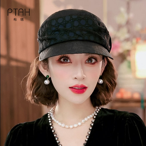 布塔桑蚕丝香云纱复古鸭舌帽女百搭休闲高级感蕾丝装饰帽子PT0823