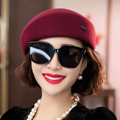 布塔秋冬季纯英伦小礼帽女复古贝雷帽羊毛呢子帽定型帽圆顶空姐帽