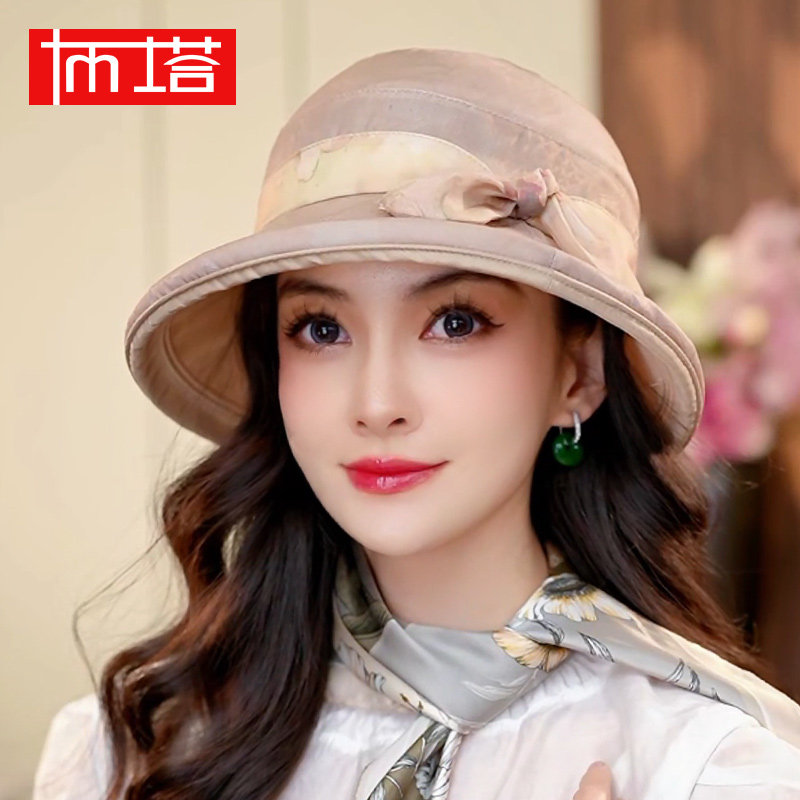 布塔遮阳帽可折叠防晒真丝花罗帽子女夏蝴蝶结太阳帽桑蚕丝沙滩帽