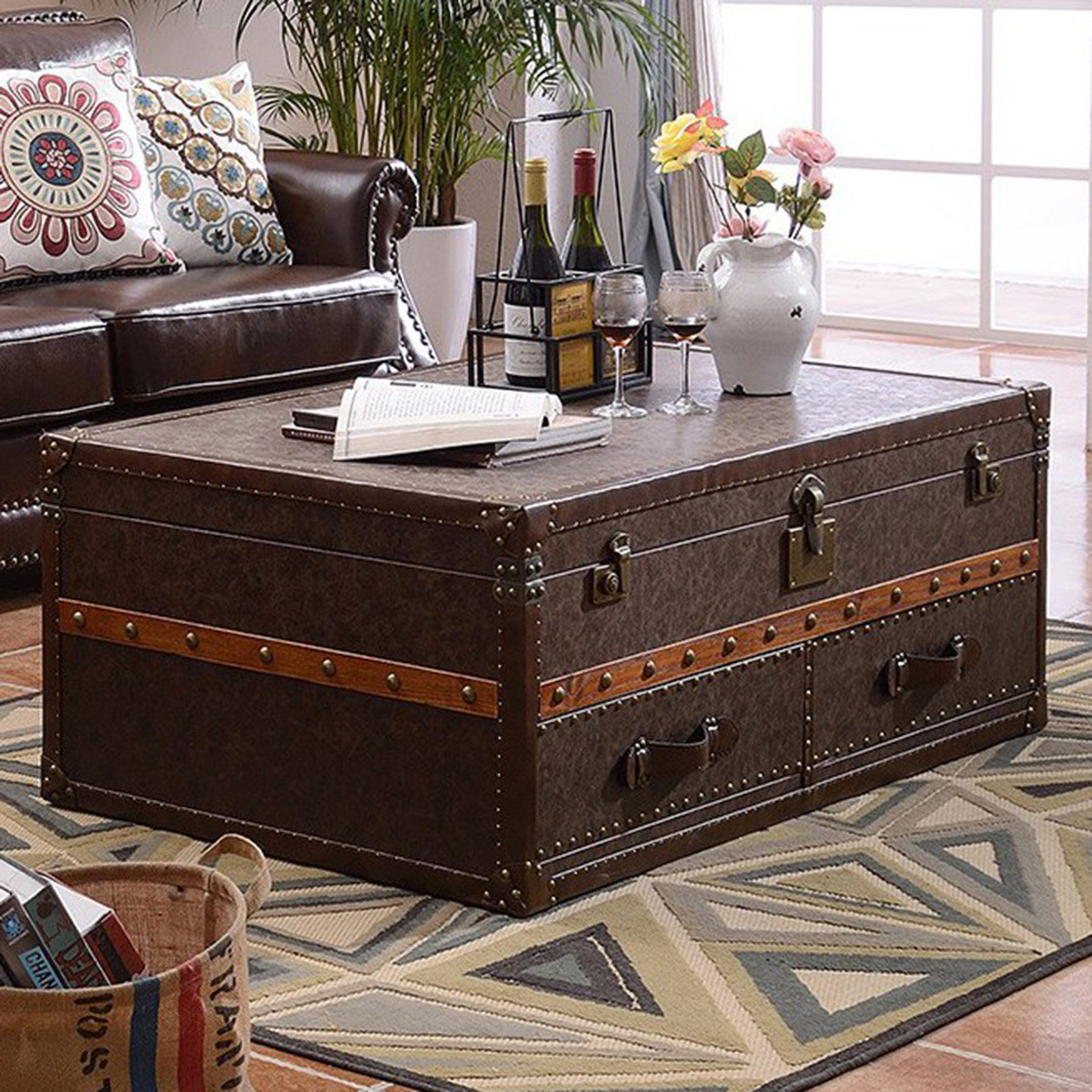 储物咖啡桌客厅复古皮箱子简约现代美式乡村收纳做旧茶几原木欧式