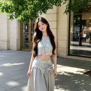 你的懒懒llan卢浮幻境优雅甜美精致睫毛蕾丝上衣+长裙套装女夏季