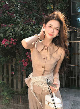 木子李的李花檐温光复古文艺风无袖收腰上衣阔腿裤小清新套装