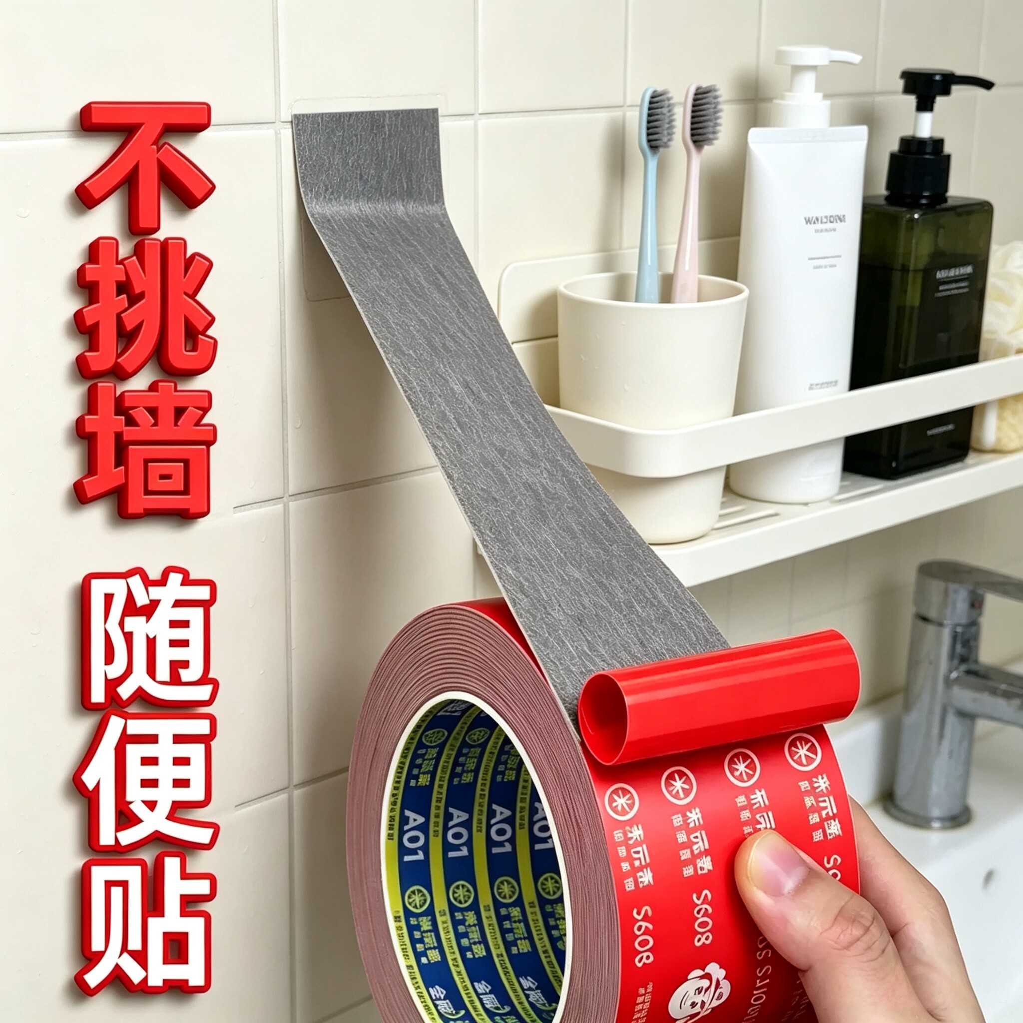 卫浴挂钩置物架免打孔固定贴瓷砖防水防潮专用双面胶强力承重高粘度粘墙专用耐高温泡棉胶带无痕稳固牢力贴