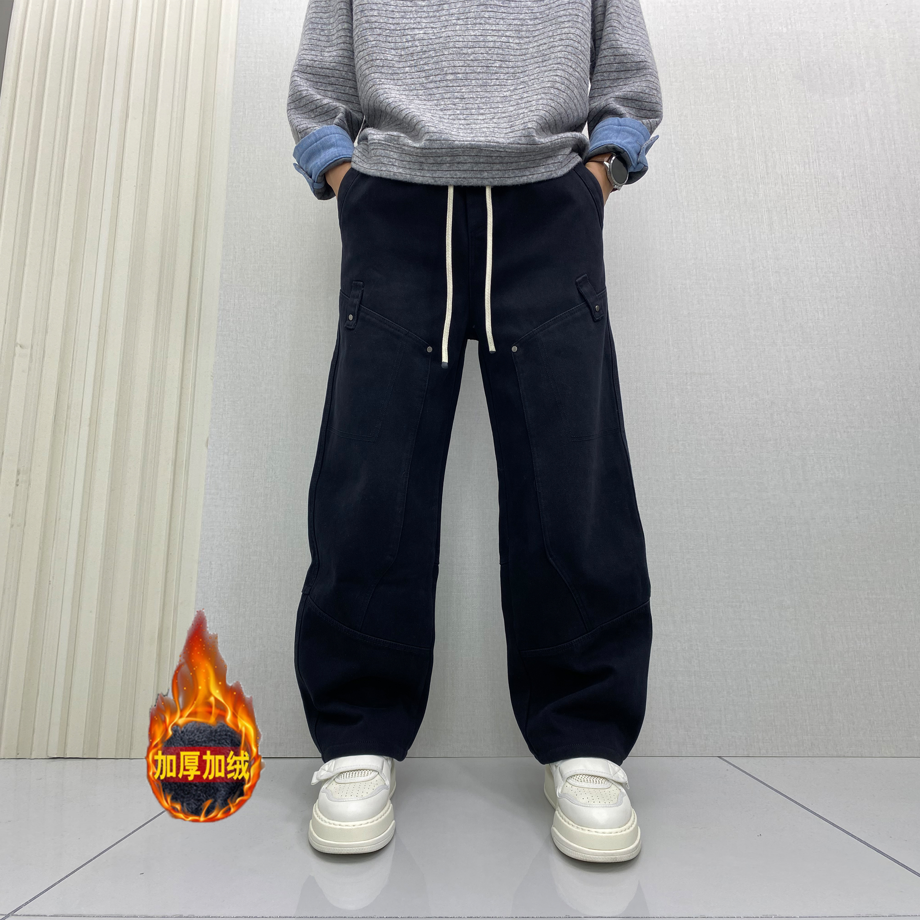 冬季加绒保暖休闲阔腿牛仔裤男百搭水洗松紧腰腰纯色潮男黑色裤子