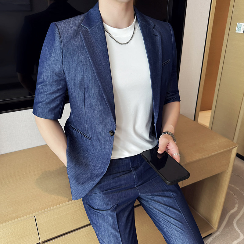 2025夏季新款男商务正装西装套装冰丝薄款修身小脚九分西裤七分袖