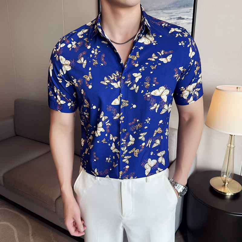 宽松休闲韩版印花半袖潮流个性开衫男装夏季翻领短袖新款花纹衬衫