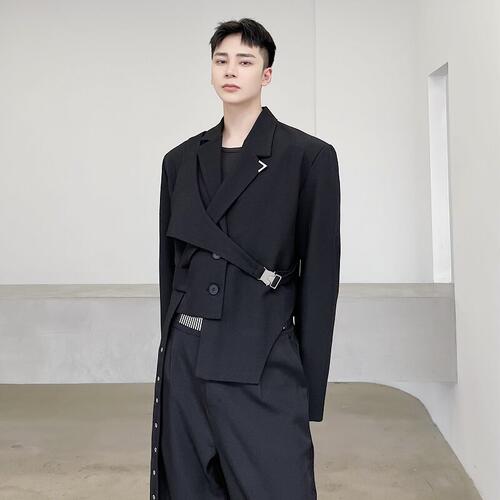 春秋可拆卸两件套短款西服男士个性不规则下摆潮流技能风西装外套