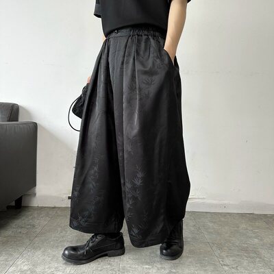 新中式缎面提花松弛感宽大阔腿裤男女褶皱八分裤暗黑山本风黑武士
