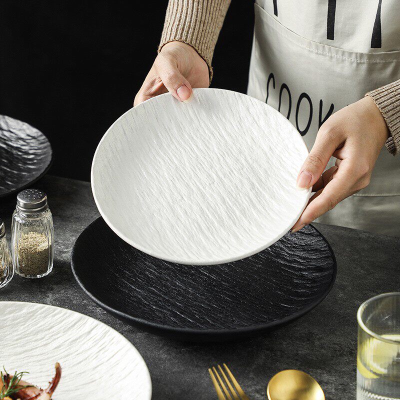 黑白石纹西餐盘圆形北欧简约风格